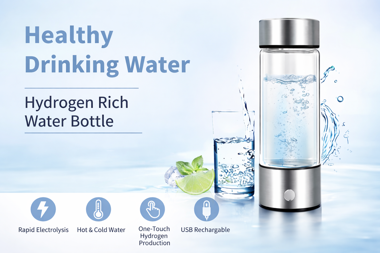 HydroGlow™ Hydrogen-Rich Water Generator Bottle – 420ml Portable Glass Wellness Cup